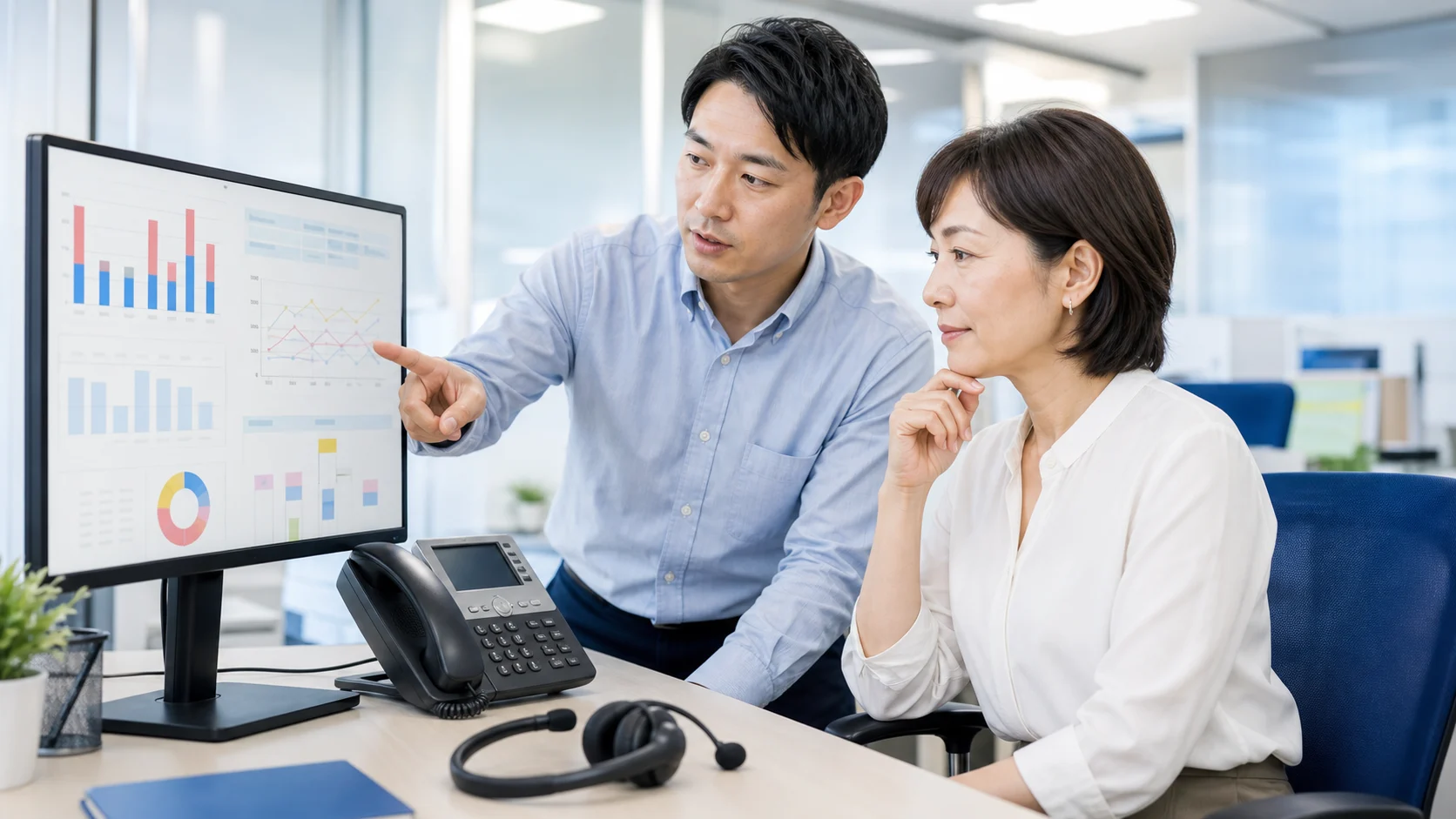 フリーダイヤルの通話時間と料金を比較する通信担当者とコールセンター管理者